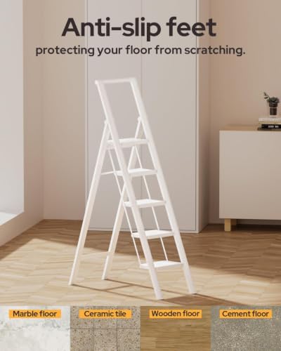 Image of 5 Step Ladder for 10 Feet High Ceiling, Folding Step Stool Stepladders with Anti-Slip and Wide Pedal for Home and Kitchen Use Space Saving (White)