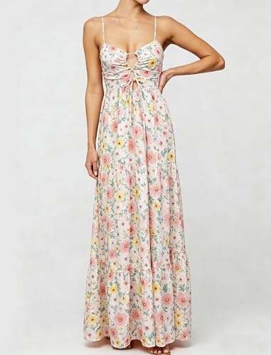 Image of Womens Summer Floral Spaghetti Strap Backless Low Cut Smocked Milkmaid Flowy Beach Sundresses