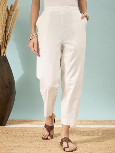 Image of D K W Women's Mid Rise Relaxed Fit Cotton Flex Trousers with Elastic Back & Drawstring - Ideal for Winter, Formal, Office & Casual Wear, Comfortable for Girls and Women
