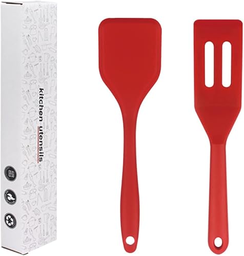 Miniatura 6 de Juego de 2 mini espátulas pequeñas para servir brownies, flexible, antiadherente, silicona, color rojo, espátula ranurada para cocinar, hornear y
