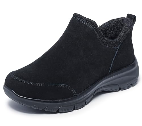 Skechers Women's EASY GOING - SWEET BEHAVIOR, Scooped chenille collar suede bootie, Black/Black, 6W