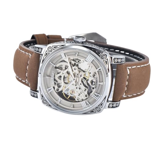 Forsining Hour Glass Single Bridge Mechanical Skeleton Auto Tourbillion Self Winding No Battery Tourbillion MoonPhase Analog Watch Genuine Leather Brown