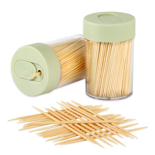 2PS Toothpick Holder with 1000 Count Bamboo Toothpicks for Teeth Cleaning Fruits- Round Double-Pointed Wooden Toothpicks for Appetizers Olives