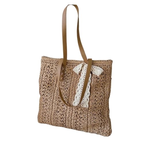 Handmade Woven Raffia Beach Bag | Square Hollow Straw Shoulder Bag | Bohemian Summer Tote for Travel & Shopping(Beige AddRibbon)2