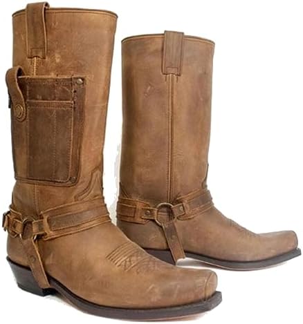 Western Cowboy Laarzen Heren Laarzen Square Toe PU Leren Laarzen Vintage Leren Steampunk Knight Schoenen Low Heel Mid Tube Rider Paard Motorlaarzen voor Cos Props,zwart,47