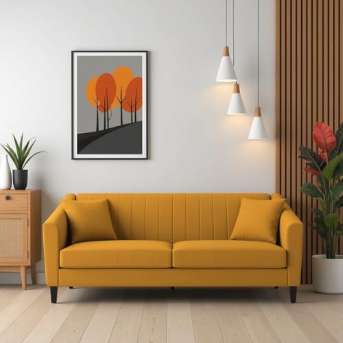 Image of Avion Natalia 3 Seater Velvet Sofa for Living Room|Yellow| Luxury Plush Fabric Couch, Modern Comfortable Upholstered Sofa, Premium Home Furniture Lounge Seating