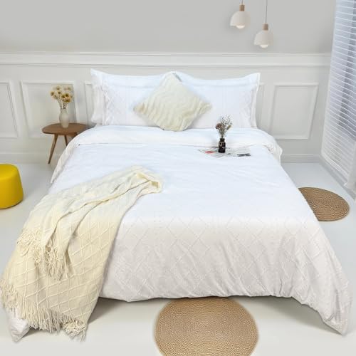 Image of Mejoroom White Boho Duvet Cover Full - Boho Bedding - Soft and Breathable Tufted Comforter Cover with Zipper Closure, 3Pieces, 1 Duvet Cover (80 inchx90 inch) and 2 Pillow Cases(20 inchx26 inch)