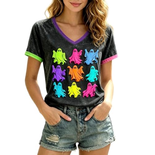 Halloween Shirts for Women Leopard Boo Ghost Short Sleeve V Neck Tshirt - image 1