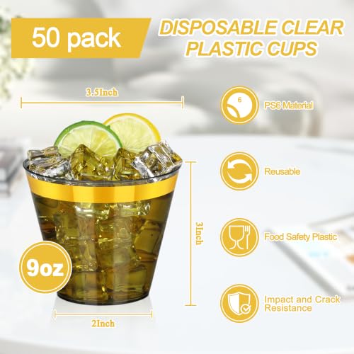 Image of 50 Pcs Gold Black Plastic Cups,9Oz Clear Disposable Cups with Gold Rim,Heavy Duty Clear Disposable Plastic Cocktail Glasses Tumblers Wine Cup for Party,Wedding,Birthday,Christmas