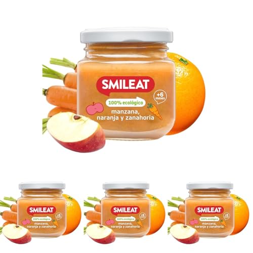Smileat - Tarrito Ecológico de Frutas y Verduras, Ingredientes Naturales, para Bebés desde 4 Meses, Sano y Saludable, sin Gluten, Sabor a Manzana, Naranja y Zanahoria - Tarro de 130 g (Paquete de 4)