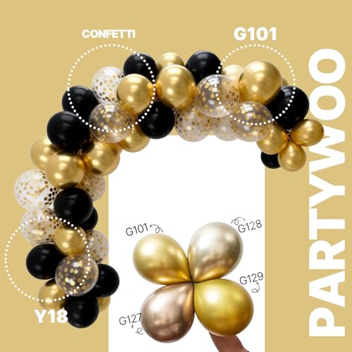 Image of PartyWoo Gold and Black Balloons 100pcs 12 Inch Black and Gold Metallic Balloons for Birthday Wedding Anniversary Graduation Bachelorette Engagement Bridal Shower Retirement Party Decorations