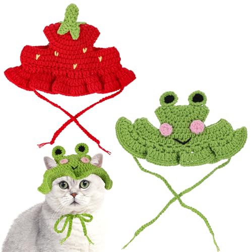 2pcs Frog and Strawberry Cat Hat, Cotton & Soft Cute