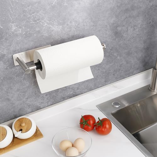 Image of Paper Towel Holder Under Cabinet, Single Hand Operable Paper Towel Roll Holder with Damping Effect, Self-Adhesive or Drilled Stainless Steel Paper Towel Holder for Kitchen Bathroom RV