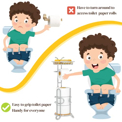 Toilet Paper Holder Stand, Free Standing Tissue Roll Storage Rack with Shelf for Bathroom, Chrome - Thumbnail 5
