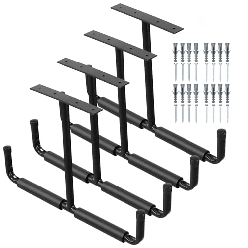 4Pcs Overhead Garage Storage Hooks, Heavy Duty Ceiling Mounted Garage Utility Hanging Rack for Lumber Bike Tools Ladders Garden Hoses Fishing Rod& Other Bulky Items, Black