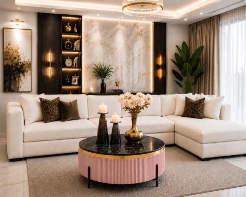 Image of WOODEN SPACE Premium Luxury Nazaara Marble-Top Coffee Table with Iron Legs & PVD Coating | Modern Round Wooden Center Table for Living Room & Entryway (Pink, 30 Inch)