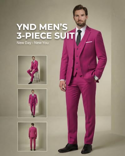 Image of YND Men's 3 Piece Suit with Tie, Solid Color Slim Fit Jacket Vest and Pants