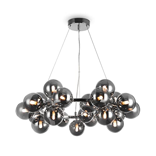 Image of Modern Chandelier, Pendant Ceiling Light Round, Metal chromeframe, 25 Bubble Grey Glass lamp Shades, Adjustable Height, Unusual Unique Design, for 25 Bulbs G9 28W not incl