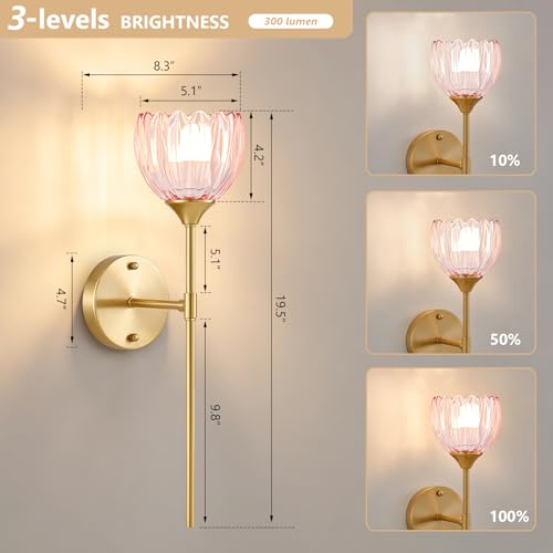 Image of Vintage Battery Operated Wall Sconce Set of 2, Pink Tulip Glass Lampshade Wireless 5300 mAh Rechargeable Battery Powered LED Wall Light with Remote Dimmable for Bedroom Bathroom Living Room