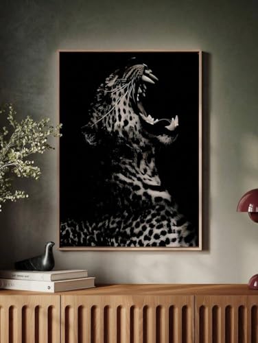 Peinture à l'huile léopard noir : tableau de luxe 50x70 cm avec cadre