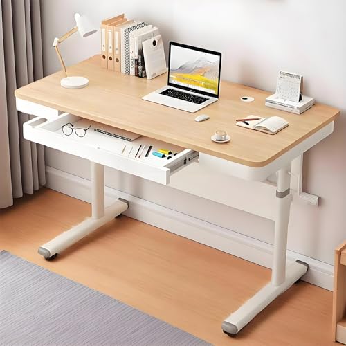 Genérico Escritorio Elevable, Mesa de Estudio con Cajón Debajo del Escritorio, Escritorio de Altura Ajustable con Manivela con Superficie de Madera Maciza, for Oficina en Casa