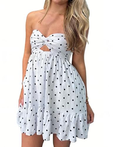 Image of HOCANDY Womens Strapless Mini Dress Twist Knot Front Cut Out Babydoll Dress Smocked Backless Ruffle Hem Tube Dresses