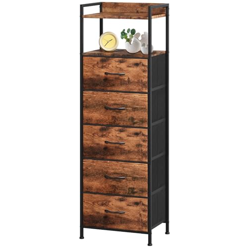 Somdot - Somdot Tall Dresser for Bedroom with 5 Fabric Drawers, Tall Night Stand with 2-Tier Shelf,Chest of Drawers,Storage Unit for Living Room,Entryway,Hallway,Wood Grain Print