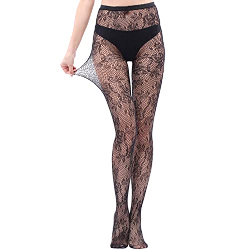 WEANMIX Rose Floral Lace Patterned Fishnet Tights Black