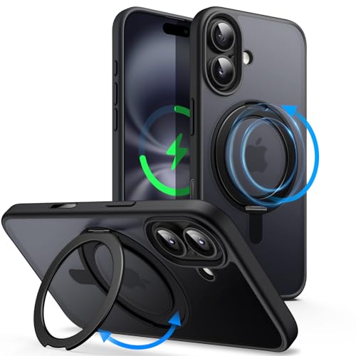 JETech 360 Degree Rotatable Ring Case for iPhone 16 6.1-Inch with Camera Control Button, Compatible with MagSafe, Slim Shockproof Phone Cover with Stand & Ring Holder (Black)