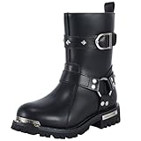 Dream Apparel Women PU Leather Harness Motorcycle Boots for Riding Waterproof Studded Biker Boots with Side Zipper & Buckle, Black Engineer Combat Mid-Calf Footwear, Size 7