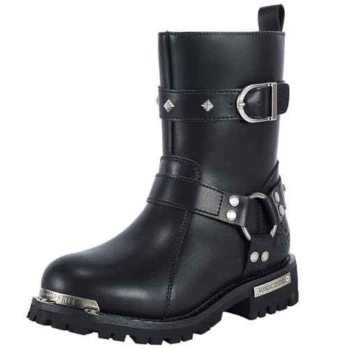 Dream Apparel Women PU Leather Harness Motorcycle Boots for Riding Waterproof Studded Biker Boots with Side Zipper & Buckle, Black Engineer Combat Mid-Calf Footwear