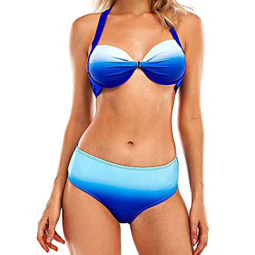 Vancavoo Bikinis Traje de Baño para Mujer Push Up Sujetador Halter y Bragas de Cintura Baja Bañador Playa de Dos Piezas con Degradada para la Playa de la Piscina(Azul,XL)