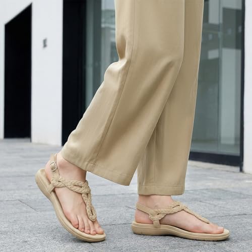 Image of UBFEN Womens Flat Sandals Dress Braided T-Strap Thong Sandals with Arch Support Comfortable for Walking