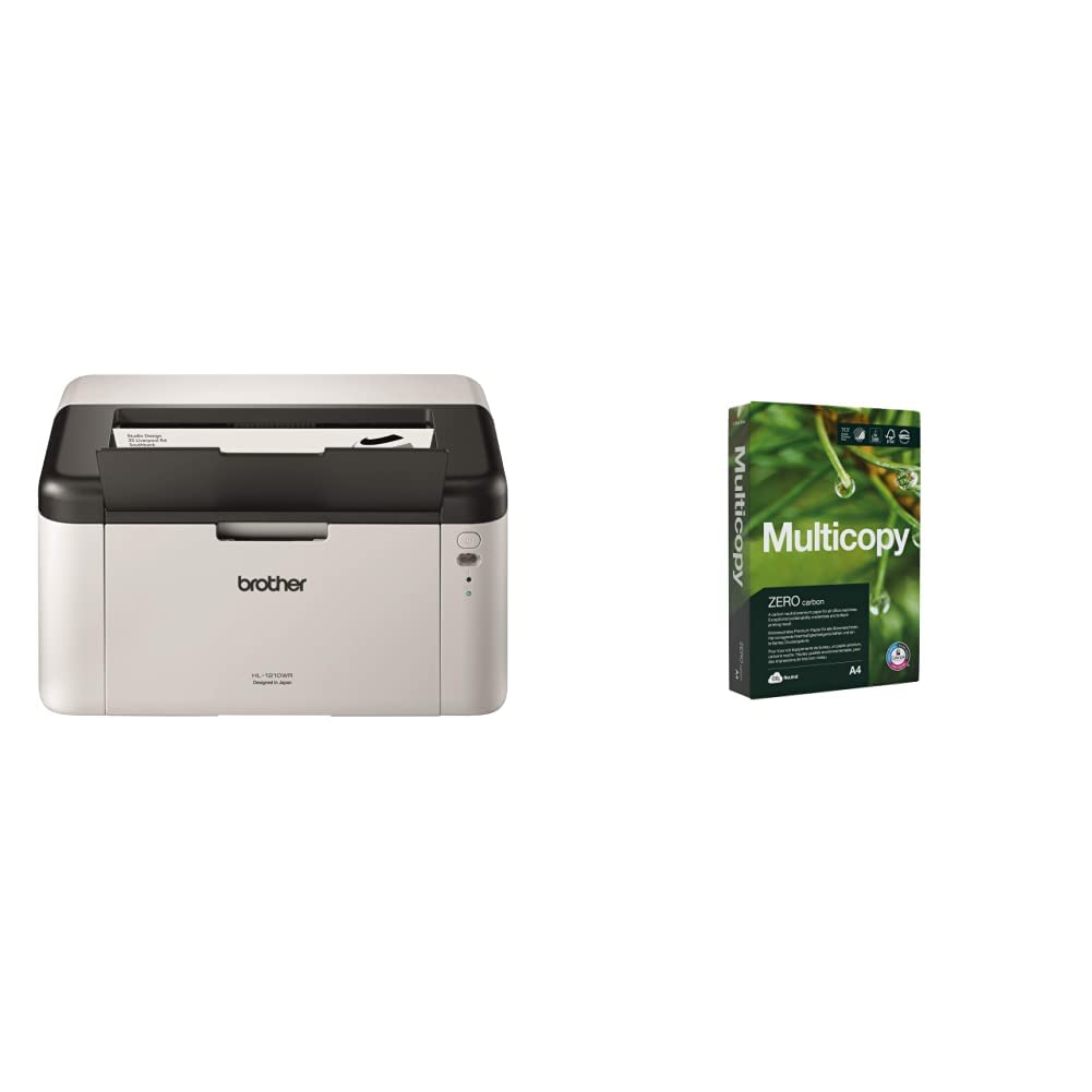 Brother HL-1210W Mono Laser Printer | Single Function, Wireless | USB 2.0, Compact | A4 Printer | Home Printer | UK Plug & Multicopy Zero A4 Paper, 80gsm, 500 sheets,Pack of 1