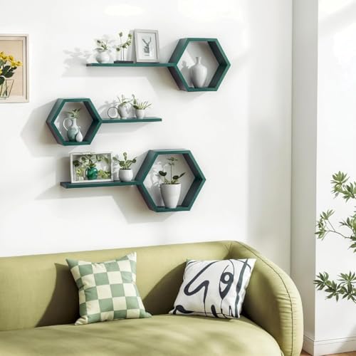 Image of Wooden Floating Wall Mounted Set of 6 Hexagon Shelves Display Shelf for Photos, Plants, Rustic Honeycomb Shelves for Living Room, Bedroom, Bathroom, Kitchen, Office (Dark Green)
