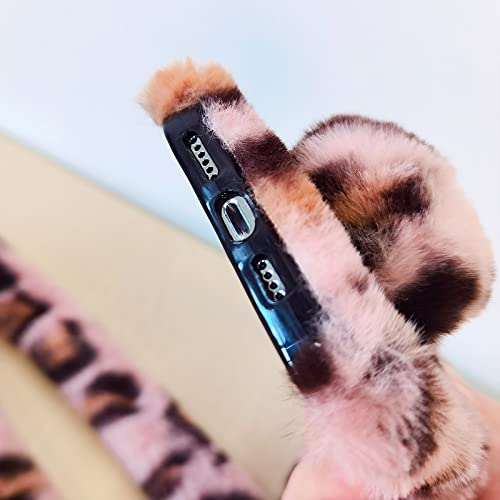Omorro Compatible With Iphone 12 Case For Women Girls Plush Rabbit Case Soft Warm Fluffy Furry Bunny Ear Fur Case With Crossbody Neck Chain Protective Bling Crystal Diamond Leopard Case #TOP4
