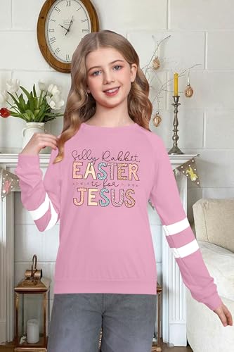 Image of LAZYCHILD Kids Easter Shirt Girls Happy Easter Shirts Rabbit Graphic Long Sleeve Striped Tee Tops 5-14 Years