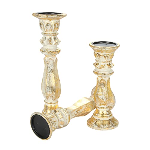 Descent Art Designs Carved Candle Holder Stand Wooden, Candalbras, Rounded Turned Columns Unity Candle Holders, Country Style Idle Gift For Wedding, Party, Home, Spa - 16,14,12 Inch - Gold Foil White #TOP4