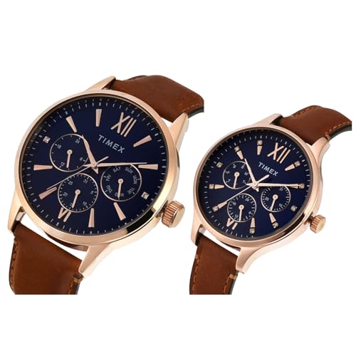 TIMEX Leather Unisex Pairs Blue Round Multifunction Dial Analog Watch- Tw00Pr302 - Image 2
