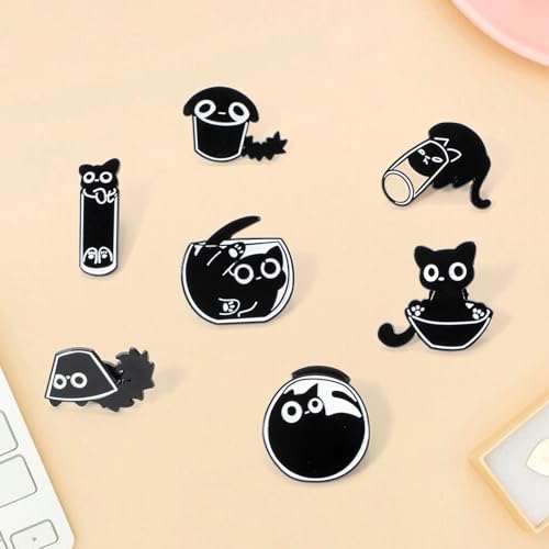 Image of Hpmjz 7 Pcs Cute Enamel Backpack Pins Funny Enamel Pins, Cool Fun Button Animal Brooch Black Cat Bulk Brooches Kawaii Creative Lovely Small Button Unique for Backpack Hat Jackets Bag Clothes