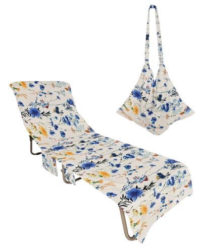 Beach Pool Patio Lounge Chaise Chair Cover Towel with Pockets, Botanical Flower Absorbent & Quick Dry Microfiber Towel Cover Bag Summer Travel Accessories for Sunbathing Blue Farmhouse Country Leaves