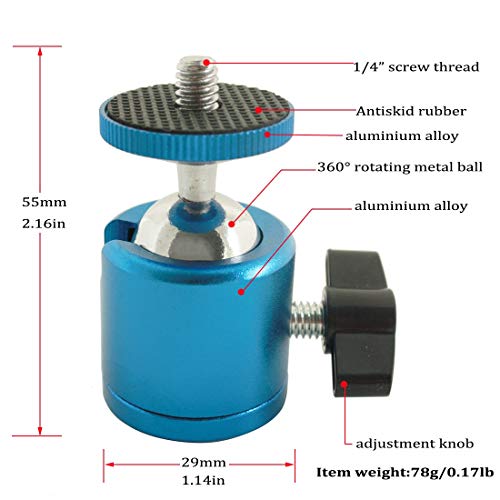 Exmax 1/4” Mini Ball Head 360 Degree Swivel Tripod Head Aluminum Alloy Body With Standard 1/4” Screw Thread Base For Monopod Bracket Light Stand Compatible With Htc Vive Gopro - 2 Pack Blue #TOP1