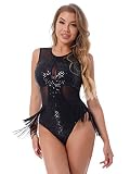 Mujeres FríasHombroBody con decoración de remaches Mono ajustado de malla transparente de manga larga con flecos