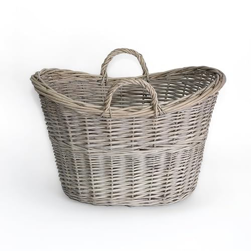 Image of Wickerfield Oval Wicker Blanket Basket with Handle, Wicker Log Baskets for Wood Burner and Fireplace, Large Willow Storage Baskets for Laundry Toys Living Room (Grey Wash)