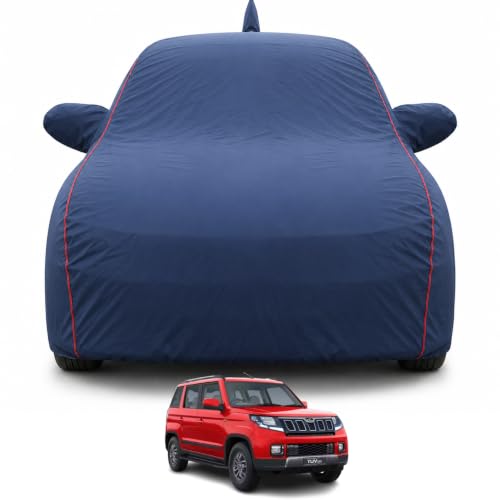 Image of Premium Car Cover for TUV 300 Model | Waterproof, UV & Dust Protection | Mirror & Antenna Pocket | Triple Stitched, Soft Inner Lining, Belt & Buckle (Navy Blue)