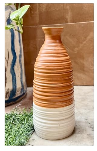 Image of SPHINX Handmade Ceramic Flower Vase - Vintage Dual-Tone Farmhouse Vase - Rustic Ribbed Texture Boho Decor Pampas Grass Vase, Artisanal Home Decor (Carafe-Shaped-8.5 Inch)