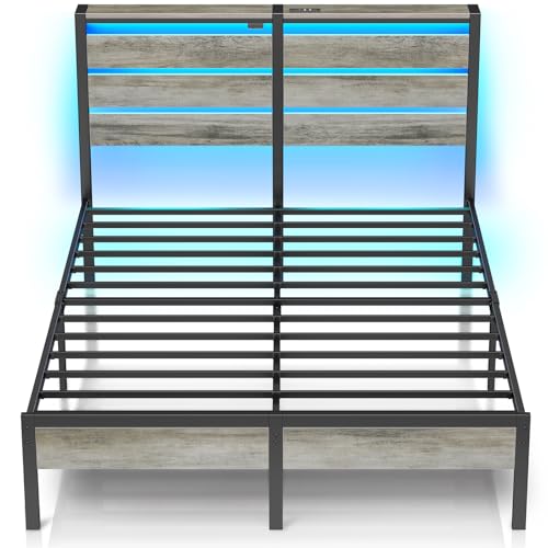 Rolanstar Bettgestell mit LED, Metallbett mit USB-Ladestation & Holzkopfteil mit Stauraum, Doppelbett mit Stauraum unter dem Bett, perfekt für Schlafzimmer, 160 x 200 cm