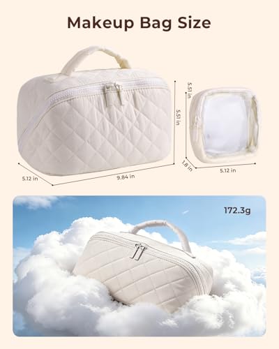 Image of Batfield Makeup Pouch Bag for Women, 2Pcs Waterproof Puffer Set with 180 Flat Open, Travel Large Capacity Makeup Bag for Women with Brush Compartment & Handle for Vacation, Business Trip (White)