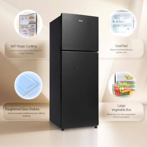 Image of Haier 240 L 2 Star Frost Free Twin Inverter Double Door Refrigerator with Cool Pad for Extended Freezer Cooling & Spacious Fresh Zone (HEF-252EGBA-P, GE Black, 2026 Model)