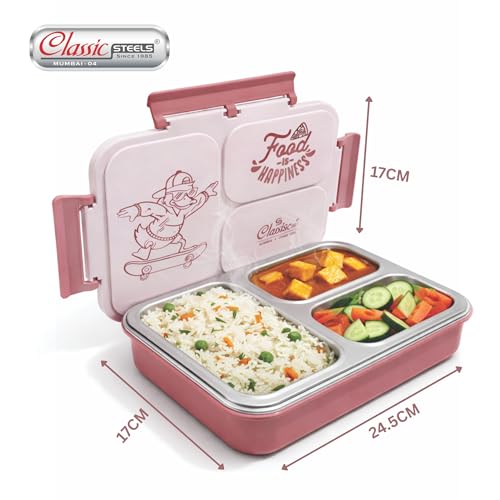Image of Classic Steels Insulated 3-Compartment Stainless Steel Lunch Box for Kids & Adults | Leak-Proof Bento Box with Silicone Seal | BPA-Free & Food Grade, Pink